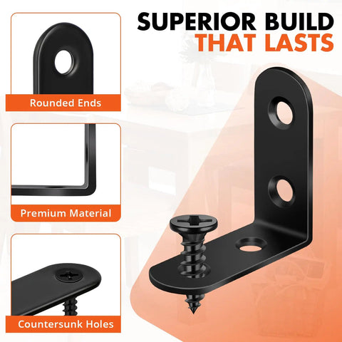 18 Pack Black L Bracket Corner Braces Set With 72 Screws Durable 90 Degree Metal Right Angle Brackets For Shelves Furniture Cabinets Drawers Stainless Steel Rustproof Indoor Outdoor Use with closeup of rounded ends and countersunk holes.