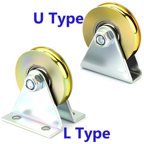 Heavy Duty 1.5 Inch Bearing Wheel Wire Rope Pulley Block With Triangular L Bracket For Lifting 300 Pound Capacity Supported By Quarter Inch Rope Suitable For Indoor Outdoor Doors Windows Shutters Furniture Fittings Cabinets And Drawers, U type and L type