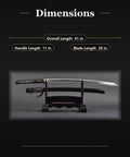 Unsharpened Aluminum Alloy Katana Iaito For Iaido Practice, 28-Inch Training Sword With Fuller Groove dimensions displayed