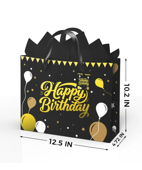 Black Birthday Gift Bag For Men With Foil Stamping And Tissue Paper, 12.5 Inch Medium Gift Bag With Greeting Card, Ideal For Boyfriend Husband Or Dad, Premium Look And Easy Gift Presentation