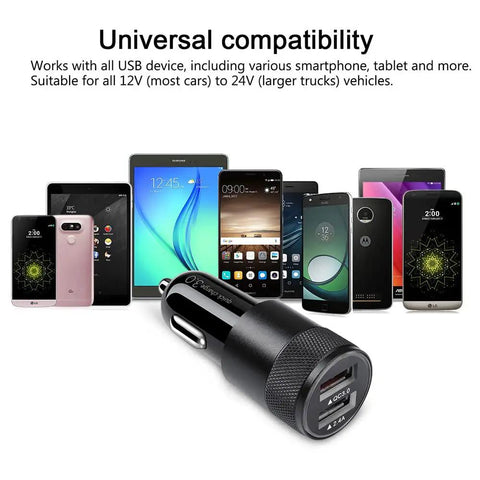 Robust Dual Port Car Charger With Hella Fast Sync Tech Featuring Quick Charge 3.0 for universal compatibility with devices.