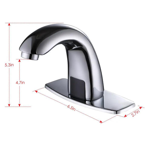 Hands Free Touchless Bathroom Sink Faucet With Motion Sensor Auto Water Flow Chrome Finish Includes Hole Cover Plate Easy Install Water Saving Auto Tap For Modern Home Bath Powder Room showing dimensions