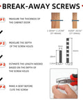 Diagram of break-away screws with steps for measuring cabinet door thickness, screw hole depth, estimating length, and cutting screws.
