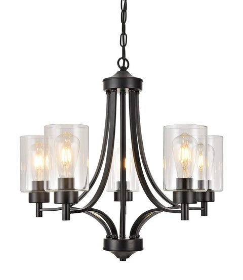 Contemporary Black 5 Light Glass Chandelier For Dining Room And Kitchen Island Farmhouse Style Ceiling Pendant Light With Clear Glass Shades