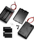 Top Shelf 2 Pack 4.5V Three Aa Battery Cases With Durable Flip Covers And No Hassle On Off Switch Featuring Pre Tinned Solder Seal Wire Leads For Quick Plug And Play Vibes In Your Next Diy Electronics Build components displayed with screws and adhesive strips.