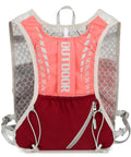 Lightweight Running Vest Hydration Backpack with breathable mesh and reflective accents, pink front view with red pouch.