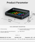 Image of H4 Car HUD Head Up Display Real Time Speed Readout GPS Speedometer, showing dimensions and features description.