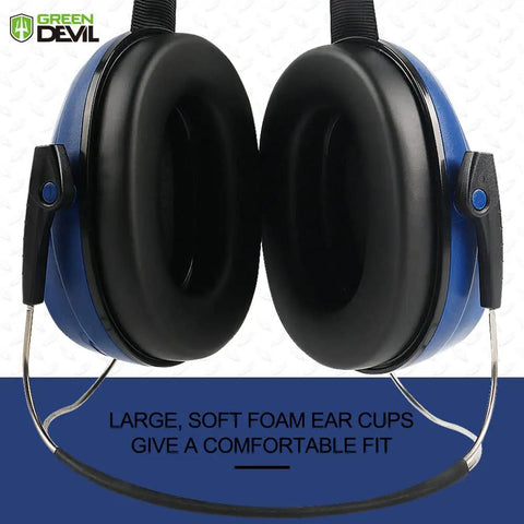 Close-up of Behind The Head Neckband Earmuffs For Full Brim Hard Hats with large soft foam ear cups, heavy duty construction