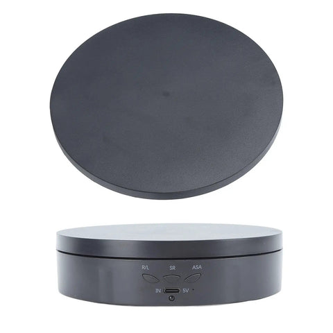 Stylish Electric Rotating Jewelry Display Turntable With Adjustable Direction And 360 View For Home Studio Showcase, black base, top view.