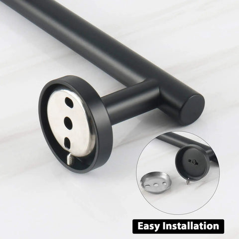 Close-up of Matte Black 16 Inch Stainless Steel Bath Towel Bar Rack Wall Mounted With 13 Inch Usable Hanging Space and installation details.