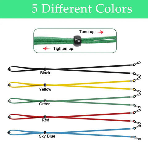 Five Pack Eyeglass Straps Lanyards For Glasses And Sunglasses Anti Slip Adjustable Retainers For Men And Women Everyday Sports Eyewear Holders 27.2 Inch Length 0.4 Inch Wide Colorful Yellow Sky Blue Green Red Black arranged on white background