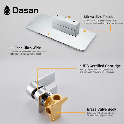 Wall Mount Bathroom Faucet With Waterfall Spout In Wall Design Single Handle Polished Chrome Sink Faucet 11 Inch Wide Spout Slick Space Saving CUPC Ceramic Cartridge SA BFW1 CH showing mirror finish and brass valve body