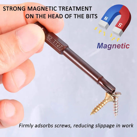 Person holding a 24 Piece Security Torx Bit Set With Magnetic S2 Alloy Steel Bits, high hardness, anti rust finish, two lengths.