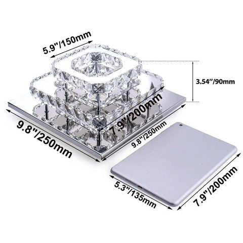 Crystal Square Ceiling Light Chandelier With Modern LED Flush Mount Two Layer Design, dimensions and polished steel frame