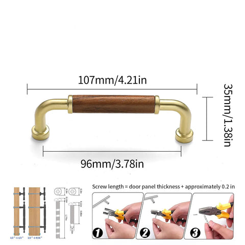 4 Pack 3.8 Inch Gold Walnut Wood Brass Drawer Pull Handles For Dresser Cabinet Wardrobe, dimensions and installation instructions
