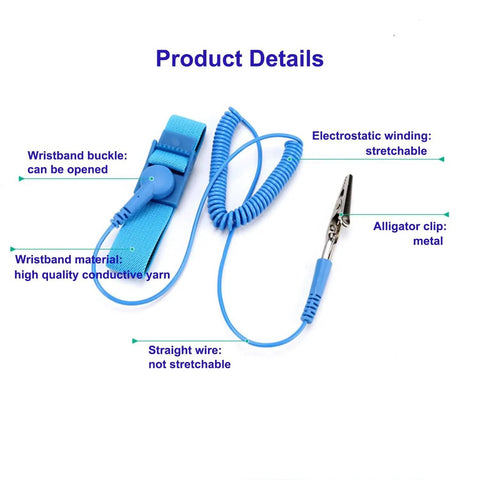 Adjustable ESD Wrist Strap With Grounding Plug And Coiled Cord Blue, Pro Grade Anti Static Wristband For Electronics Assembly