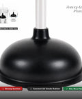 Heavy Duty Toilet Plunger And Brush Set With Nifty Hideaway Stand For No Fuss Bathroom Refresh textured black rubber plunger with strong suction base.