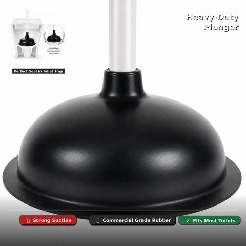 Heavy Duty Toilet Plunger And Brush Set With Nifty Hideaway Stand For No Fuss Bathroom Refresh textured black rubber plunger with strong suction base.