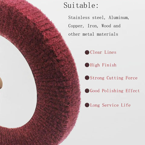 Close-up of 2 Pack 8 Inch Non-Woven Polishing Wheels 320 Grit Nylon Flap Wheels, Red Finish, highlighting material suitability and benefits.