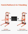 Two orange VEVOR manual pallet stackers shown: fork mode on left, platform mode on right with lift plate
