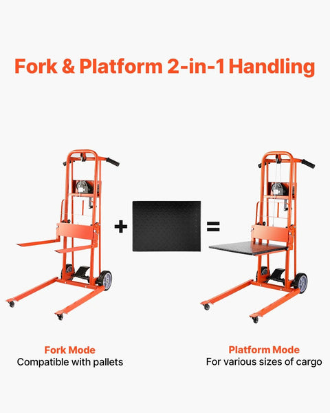 Two orange VEVOR manual pallet stackers shown: fork mode on left, platform mode on right with lift plate