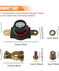Built Like A Tank Heavy Duty Brass Battery Disconnect Switch Top Post Negative Terminal with waterproof knob, dimensions displayed.