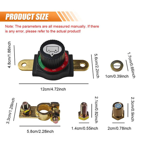 Built Like A Tank Heavy Duty Brass Battery Disconnect Switch Top Post Negative Terminal with waterproof knob, dimensions displayed.