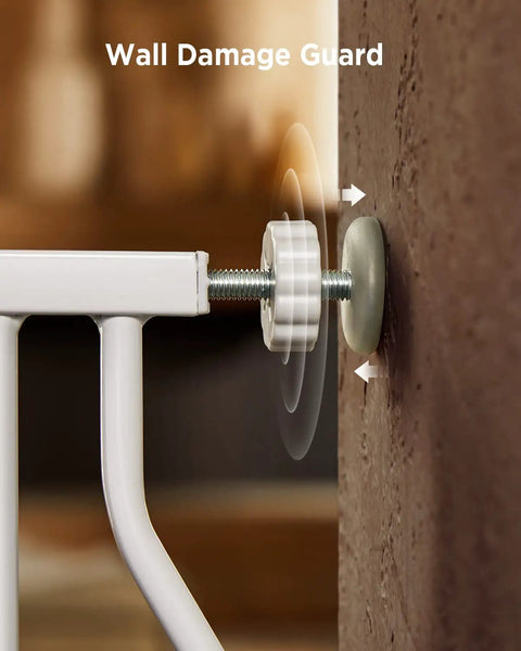 Side view of wall damage guard on adjustable baby gate for stairs and doorways from 29.5 to 41.3 inches wide, white design