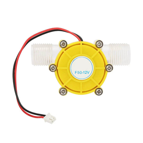 Yellow Micro Hydroelectric DC Turbine Generator for Off Grid Power, 12V Output, front view with connectors and wires visible