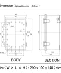 Technical drawing of IP65 Waterproof Junction Box Enclosure with Hinged Clear Cover, dimensions 290 x 190 x 140 mm