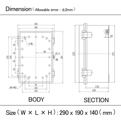 Technical drawing of IP65 Waterproof Junction Box Enclosure with Hinged Clear Cover, dimensions 290 x 190 x 140 mm