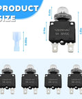 Image showing 40 Piece Car Thermal Circuit Breaker Set With Manual Reset Push Button 5 10 15 20 30 Amp Terminal Caps dimensions
