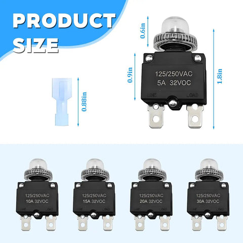 Image showing 40 Piece Car Thermal Circuit Breaker Set With Manual Reset Push Button 5 10 15 20 30 Amp Terminal Caps dimensions