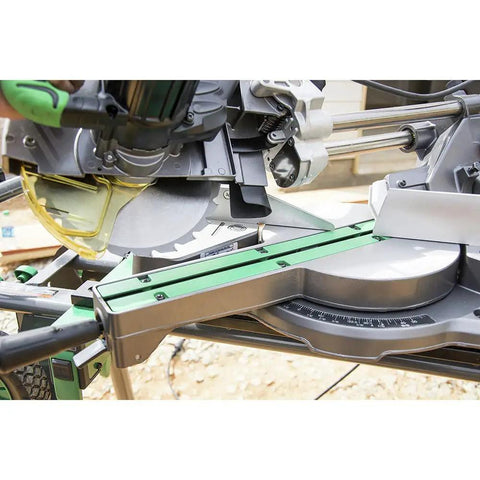 Close-up of Pro Grade Miter Saw With Eight And A Half Inch Blade And Linear Ball Bearing Slide System on a work site.