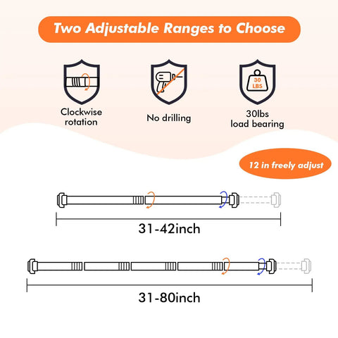 Diagram of Adjustable Shower Curtain Rod No Drill Tension Mount Stainless Steel 31-80 Inch with two adjustable size ranges.