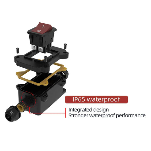 IP65 Waterproof Inline Power Switch 125 To 250V 30A 4 Pin 2 Position On Off Outdoor Toggle Rocker Button For DIY Rigs With UL TUV CE Certificates Dual Entry Exit Line exploded view