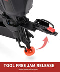 Pro Grade 16 Gauge Finish Nailer Gun Featuring One To Two And Half Inch Capacity And Lightning Fast Ninety Shots Per Minute, tool-free jam release mechanism.
