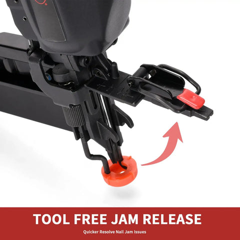 Pro Grade 16 Gauge Finish Nailer Gun Featuring One To Two And Half Inch Capacity And Lightning Fast Ninety Shots Per Minute, tool-free jam release mechanism.