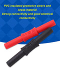 J.20009 banana coupler pair: red and black 4mm insulated female-to-female brass connectors with PVC sleeve.