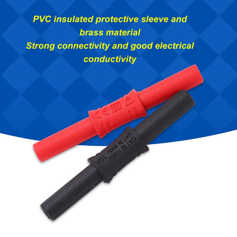 J.20009 banana coupler pair: red and black 4mm insulated female-to-female brass connectors with PVC sleeve.