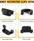 Fifty Pack Universal Cabinet Hinge Restrictor Clips Stop Annoying Door Slams With Totally Effortless Slide On Soft Close Compatibility For Kitchens And Bathrooms Full Control Over Swing Angles Built Tough, four views showing durable nylon construction and compact design.