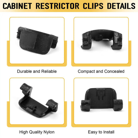Fifty Pack Universal Cabinet Hinge Restrictor Clips Stop Annoying Door Slams With Totally Effortless Slide On Soft Close Compatibility For Kitchens And Bathrooms Full Control Over Swing Angles Built Tough, four views showing durable nylon construction and compact design.