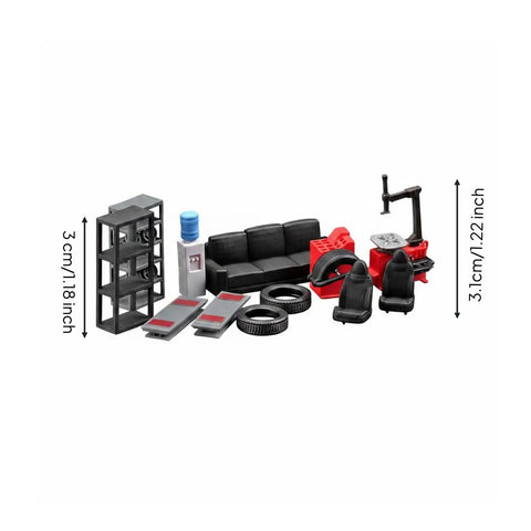 Top Shelf Miniature Vehicle Repair Shop Scene Featuring Resin Seats And Tire Balancing Machine For Collectible Scale Dioramas And Knockout Model Garage Displays, 12 pieces, resin, auto repair kit.