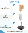 Diagram showing best fits for inground pool volleyball net set including ladder anchors, PVC inserts, and umbrella base. Note: Anchor kit not included.