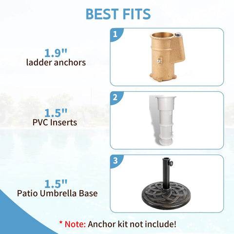 Diagram showing best fits for inground pool volleyball net set including ladder anchors, PVC inserts, and umbrella base. Note: Anchor kit not included.