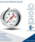 Inline Low Pressure Gauge 0-15 Psi For Fuel Water And Air, 1-1/2 Inch Dial, 1/8 Inch NPT Back Mount, Silicone Oil Filled, Stainless Steel Case