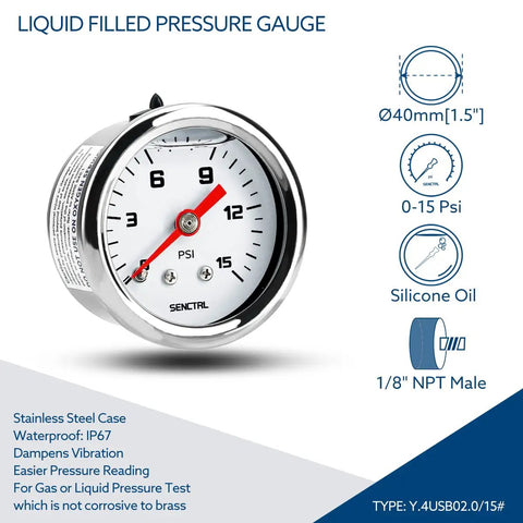 Inline Low Pressure Gauge 0-15 Psi For Fuel Water And Air, 1-1/2 Inch Dial, 1/8 Inch NPT Back Mount, Silicone Oil Filled, Stainless Steel Case