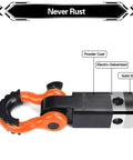Beefy Heavy Duty Two Inch Shackle Hitch Receiver With Forty Five Thousand Pound Break Strength For Vehicle Recovery Off Road Includes Five Eighth Inch Screw Pin And Three Quarter Inch D Ring Shackles In Bright Orange And Black