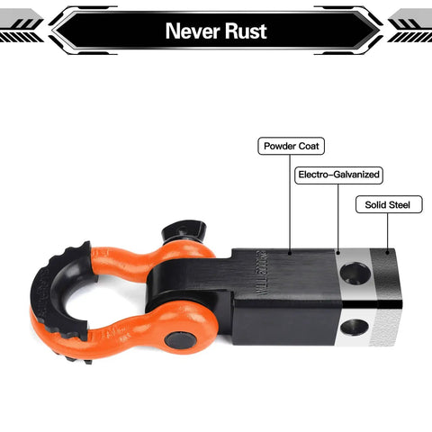 Beefy Heavy Duty Two Inch Shackle Hitch Receiver With Forty Five Thousand Pound Break Strength For Vehicle Recovery Off Road Includes Five Eighth Inch Screw Pin And Three Quarter Inch D Ring Shackles In Bright Orange And Black