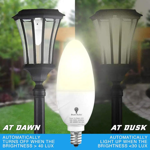 Six Pack Dusk To Dawn LED Bulbs With Smart Light Sensor E12 Candelabra Base 6W Consumption 65W Equivalent in outdoor fixture